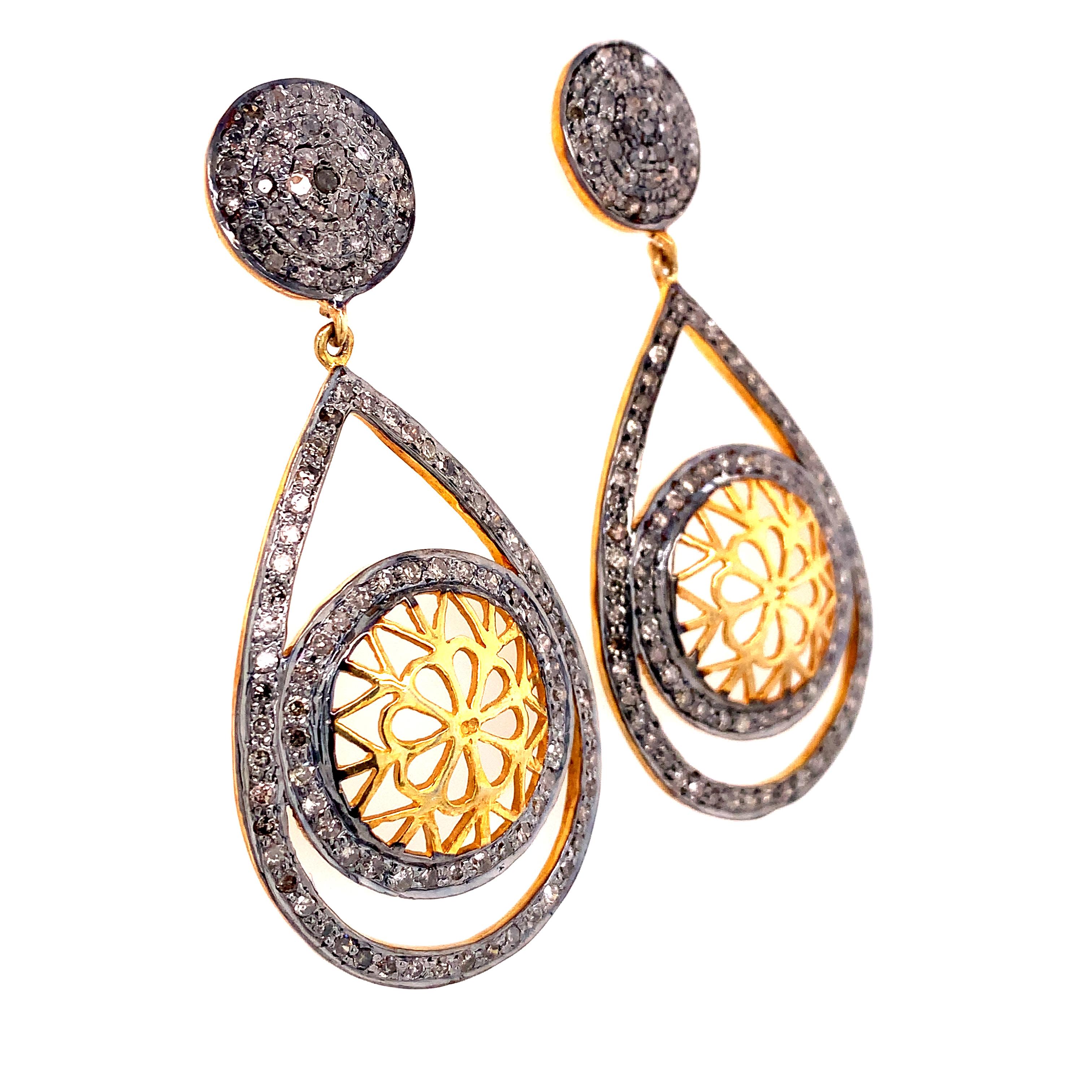 Rustic Collection 

These edgy yet feminine drop earrings feature both black and rustic Diamonds with a swirl motif. Set in sterling silver and 14K gold plating. 

Rustic Diamond: 3.10ct total weight.