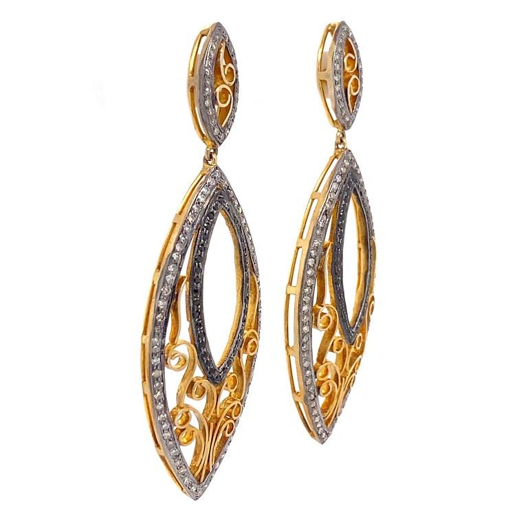 Contemporary Lucea New York Black and Rustic Diamond Swirl Drop Earrings For Sale