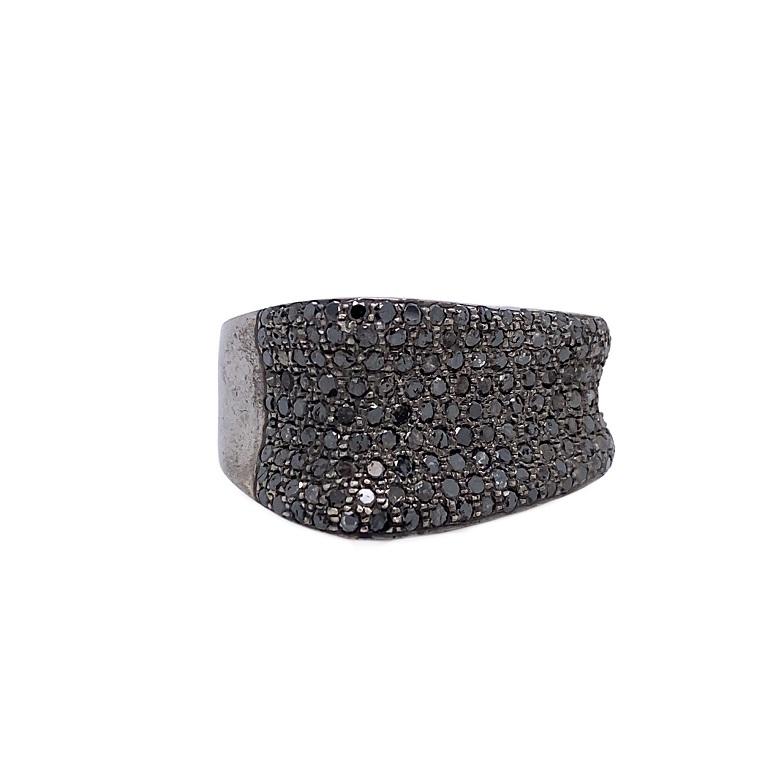 Rustic Collection 

Chunky black Diamond curved cocktail ring set in rustic blackened sterling silver. US size 9.

Black Diamonds: 2.75ct total weight.
