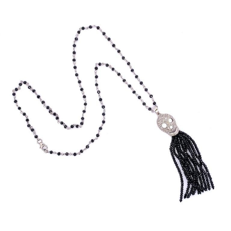 Mixed Cut Lucea New York Black Spinel and Diamond Skull Tassel Necklace For Sale