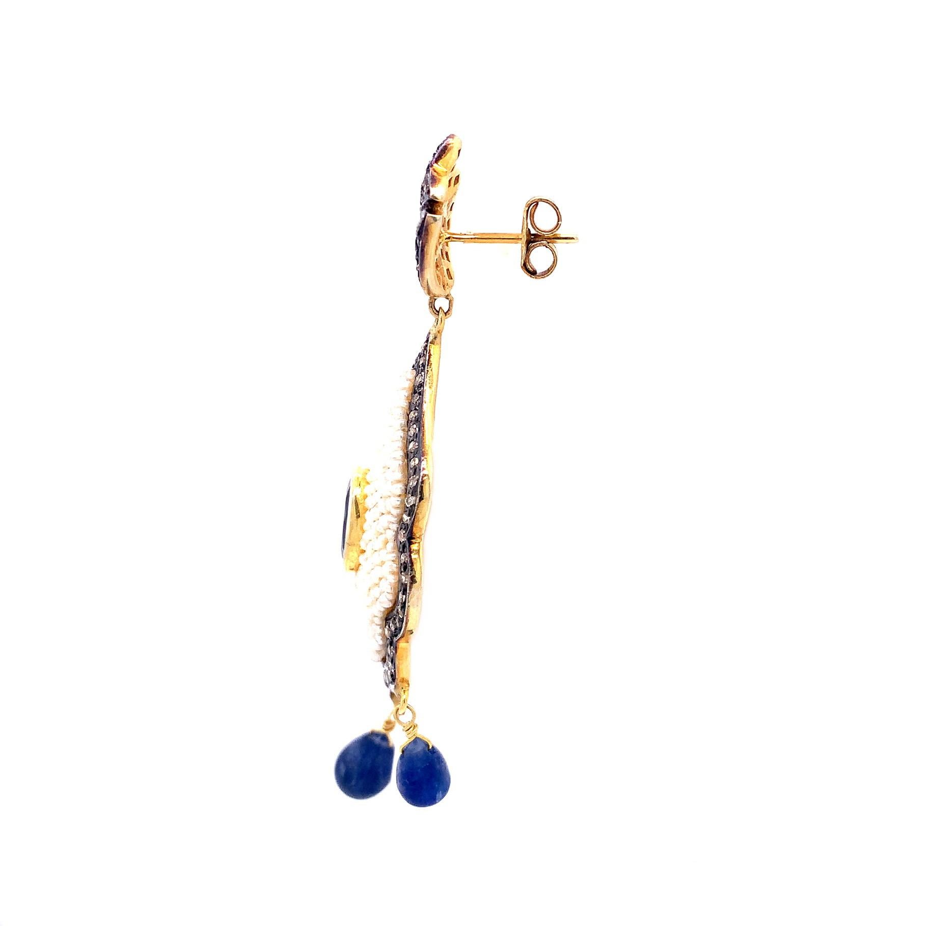 Lucea New Yorker Kronleuchter-Ohrring mit blauem Saphir, Diamant und Perle (Gemischter Schliff) im Angebot