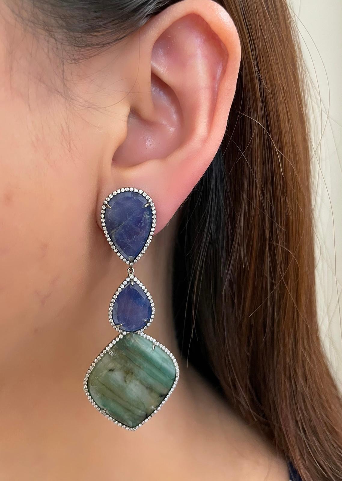 Mixed Cut Lucea New York Blue Sapphire, Emerald and Diamond Earrings For Sale