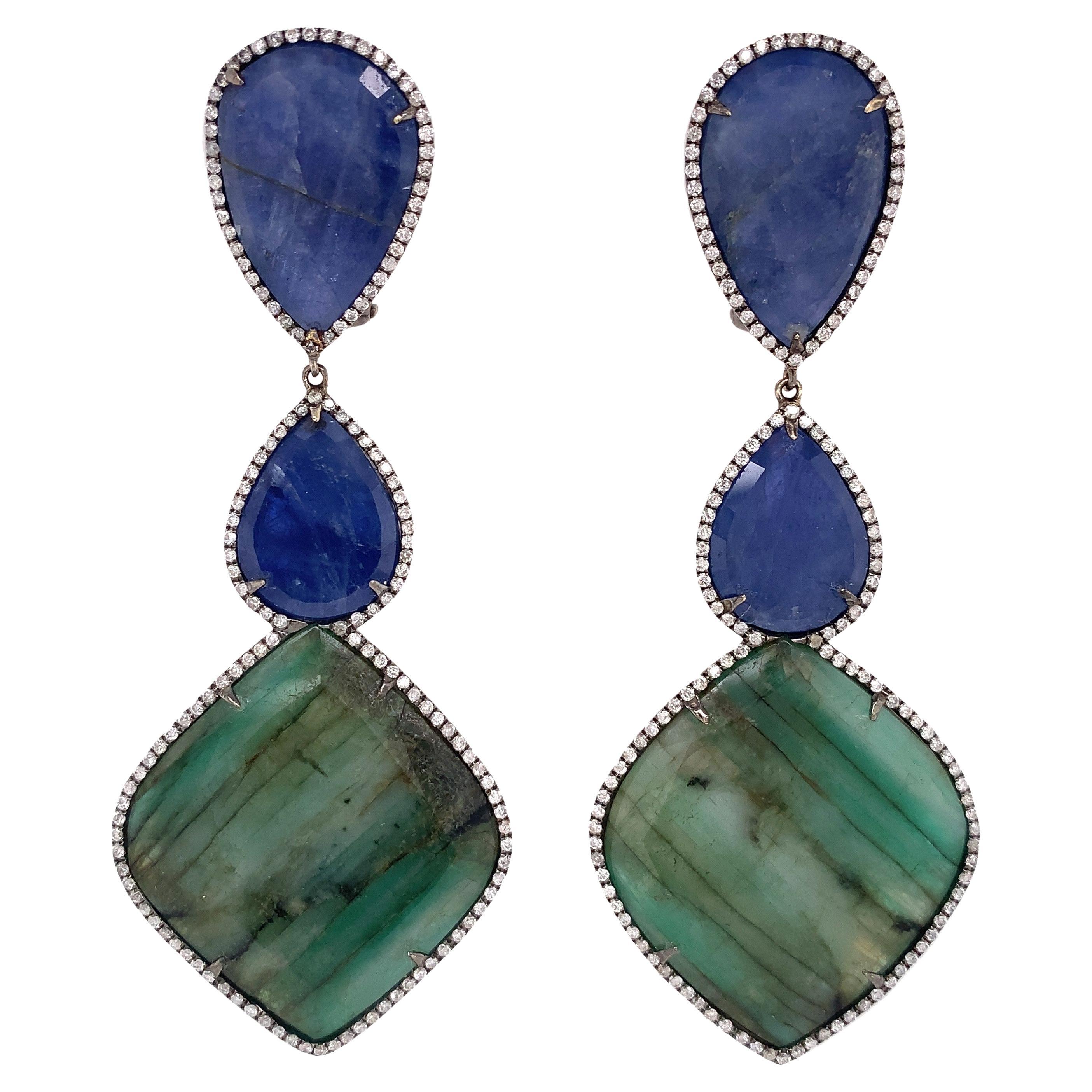 Lucea New York Blue Sapphire, Emerald and Diamond Earrings