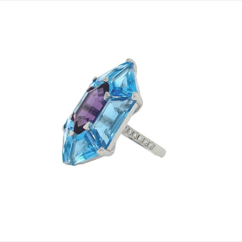 Contemporary Lucea New York Blue Topaz Amethyst and Diamond Ring For Sale