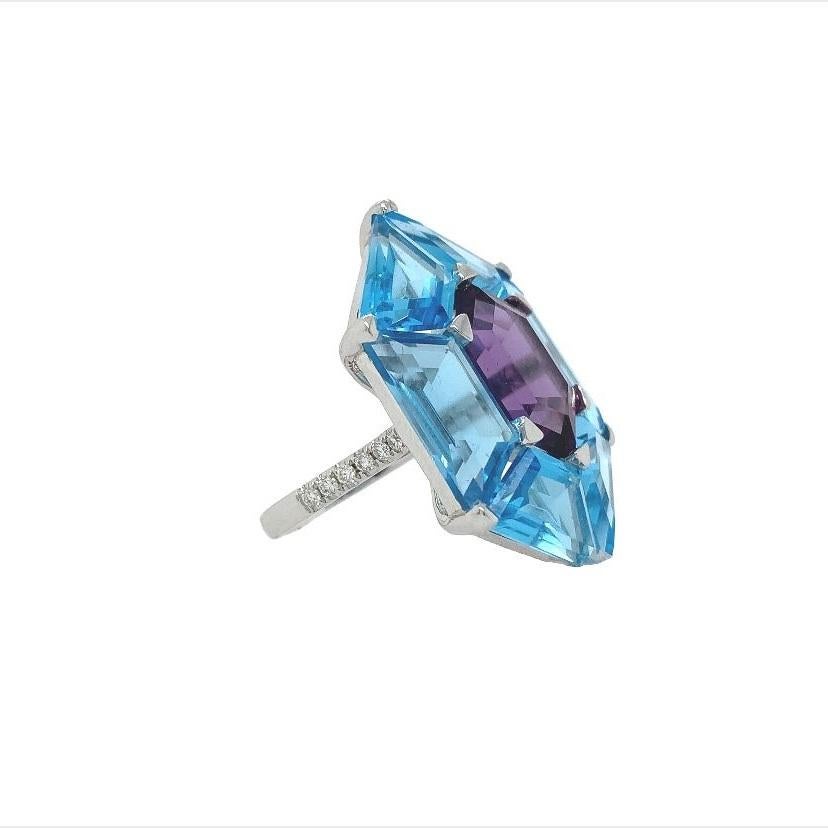 Mixed Cut Lucea New York Blue Topaz Amethyst and Diamond Ring For Sale