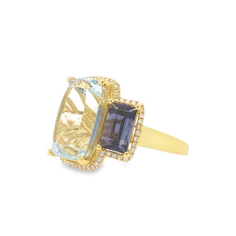 Mixed Cut Lucea New York Cushion, Iolite and Diamond Ring For Sale