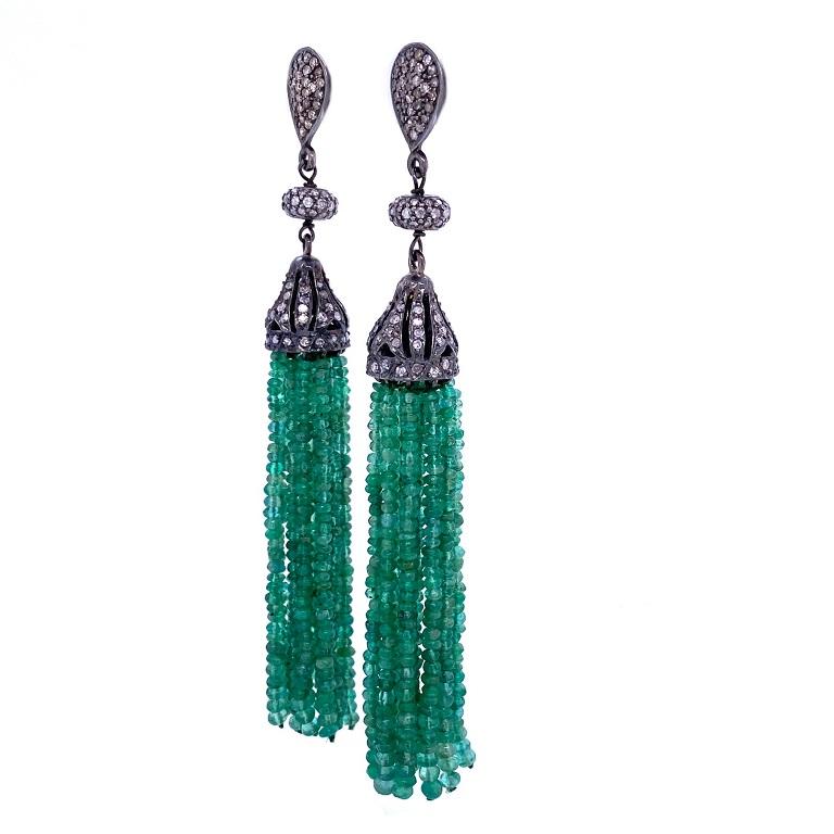 Evergreen Collection 

Rustic Diamond and Emerald bead tassel dangle earrings set in darkened sterling silver. 

Emeralds: 54.64ct total weight.
Diamonds: 1.55ct total weight.