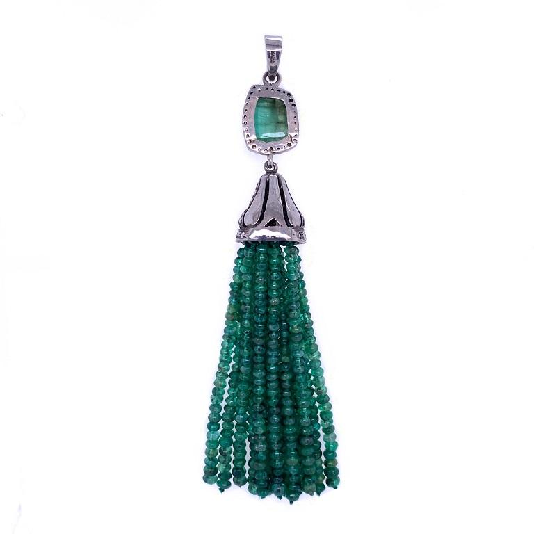 Evergreen Collection 

Rose cut Emerald with Diamonds and Emerald bead tassels set in darkened sterling silver. 

Emeralds: 38.83ct total weight.
Diamonds: 0.68ct total weight. 
