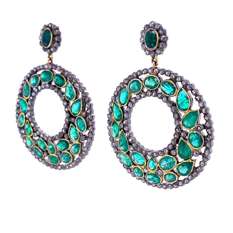Evergreen Collection 

Rustic Diamond earrings with bright multi shape Emeralds set in sterling silver and 14K gold plating.

