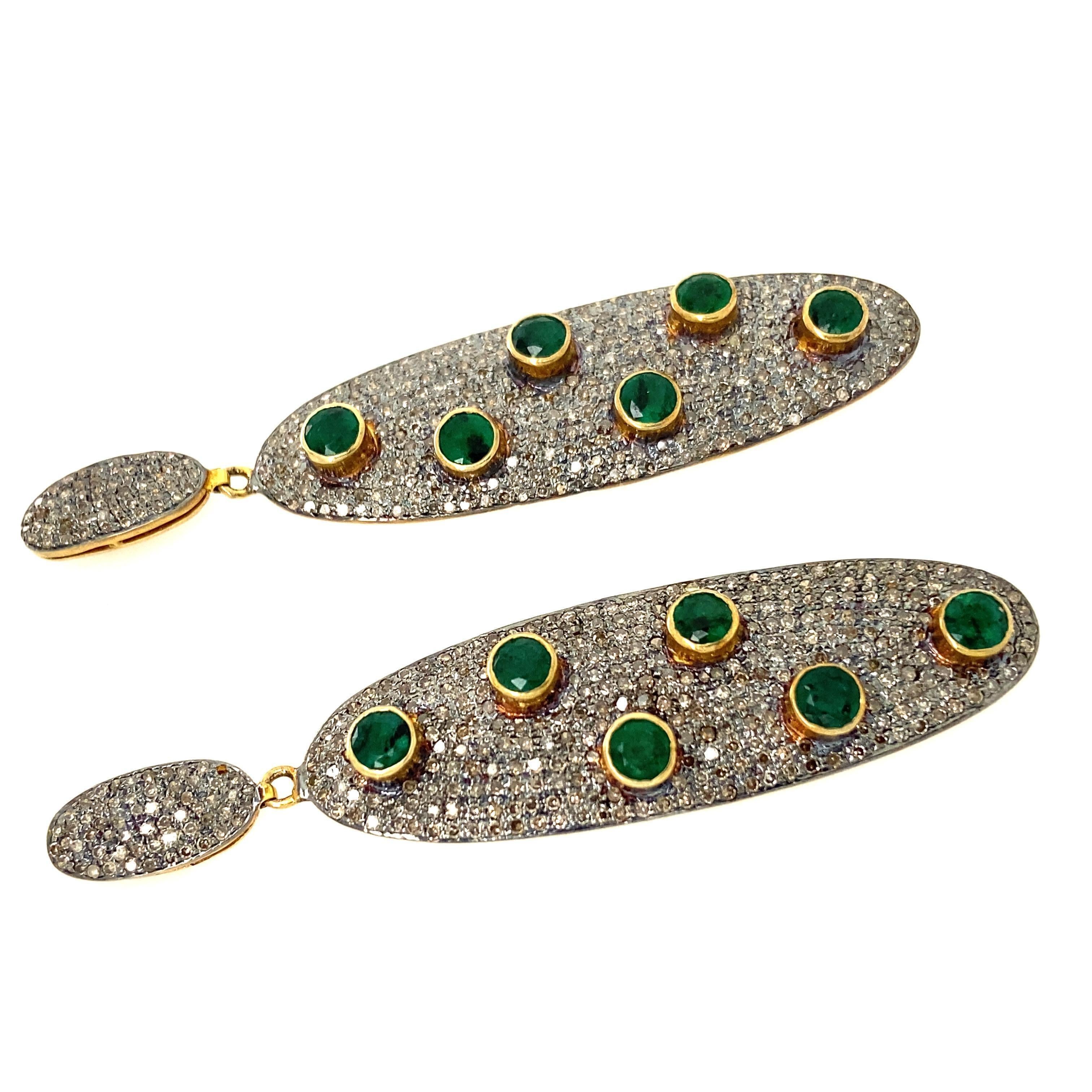 Round Cut Lucea New York Emerald and Icy Diamond Drop Earrings For Sale