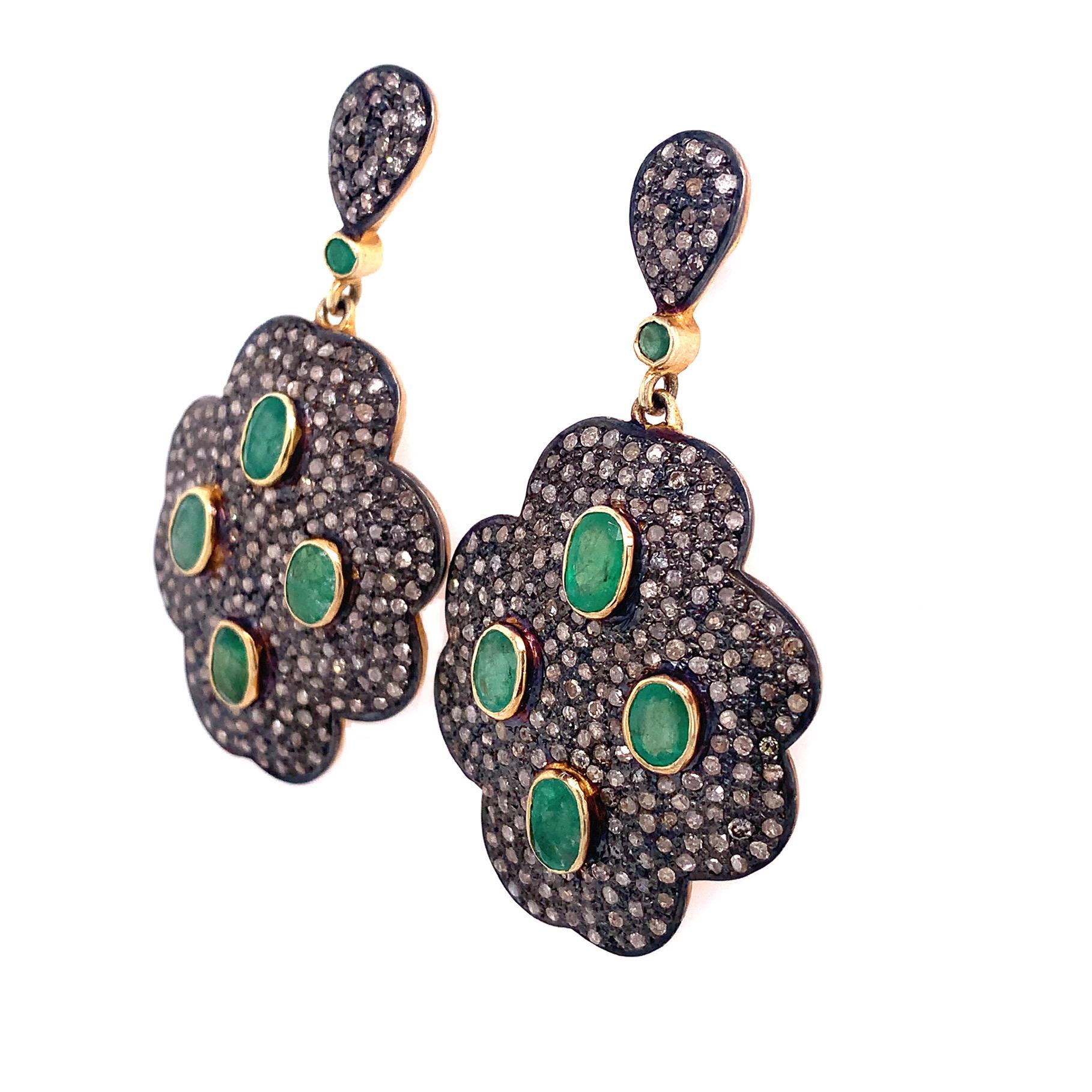 Contemporary Lucea New York Emerald and Rustic Diamond Dangle Earring