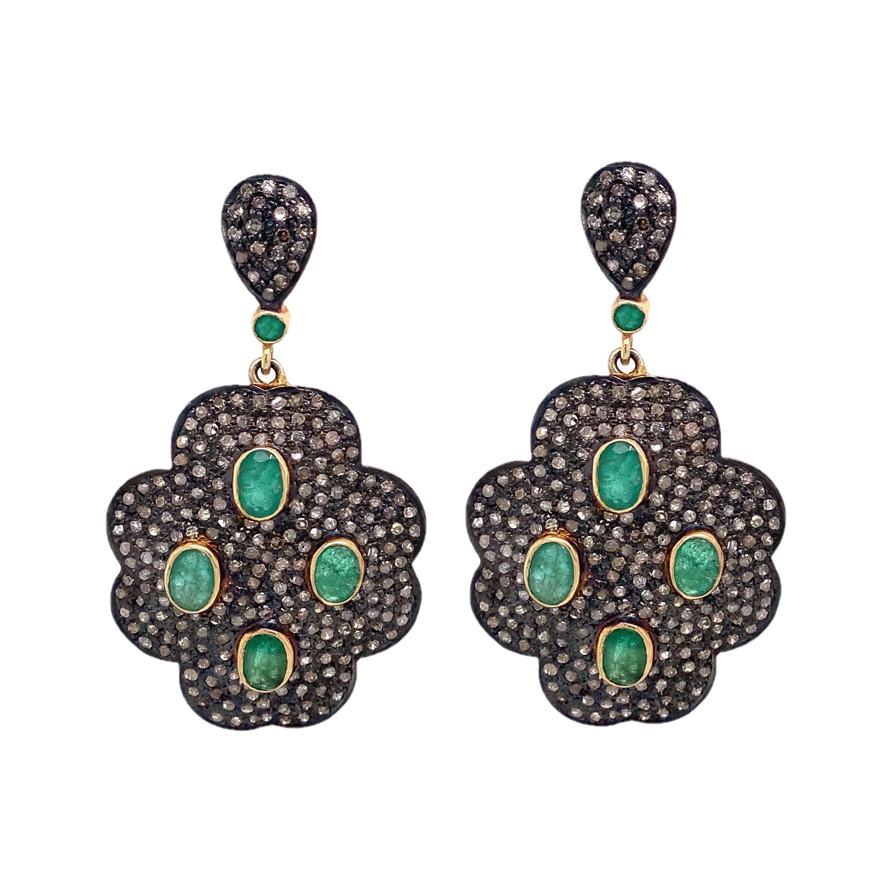 Lucea New York Emerald and Rustic Diamond Dangle Earring