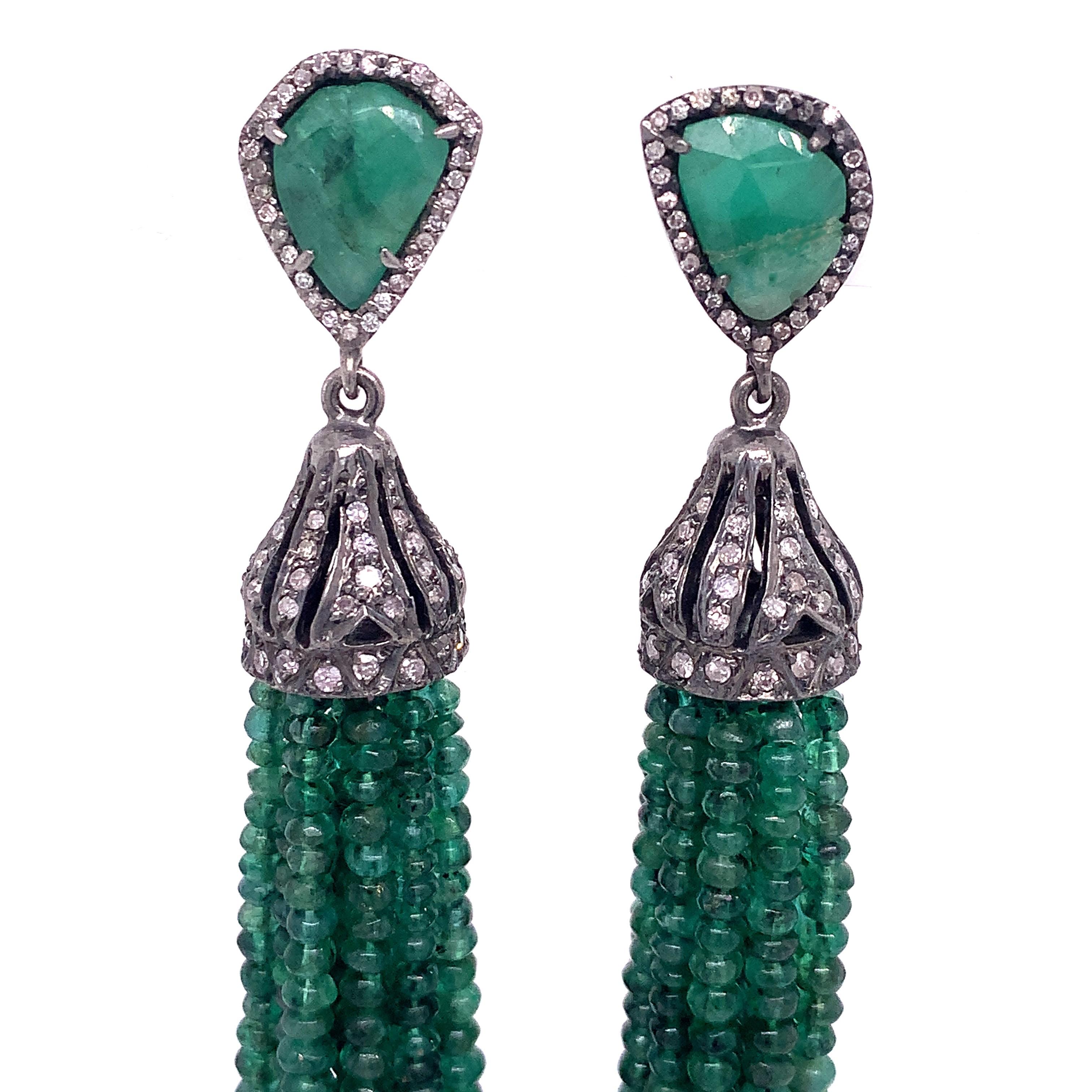 Contemporary Lucea New York Emerald Bead Tassel Earrings For Sale