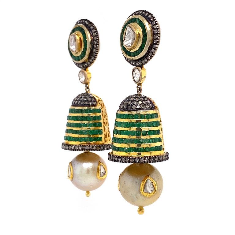 Rustic Collection 

Fun bell style earrings featuring channel set Emeralds, rustic and polki Diamonds, and Pealrs. Set in sterling silver and 14K gold plating.

Diamonds: 2.59ct total weight.
Emeralds: 5.64ct total weight.
