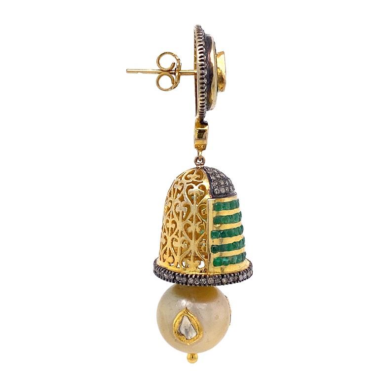 Contemporary Lucea New York Emerald, Diamond, and Peal Bell Earrings For Sale