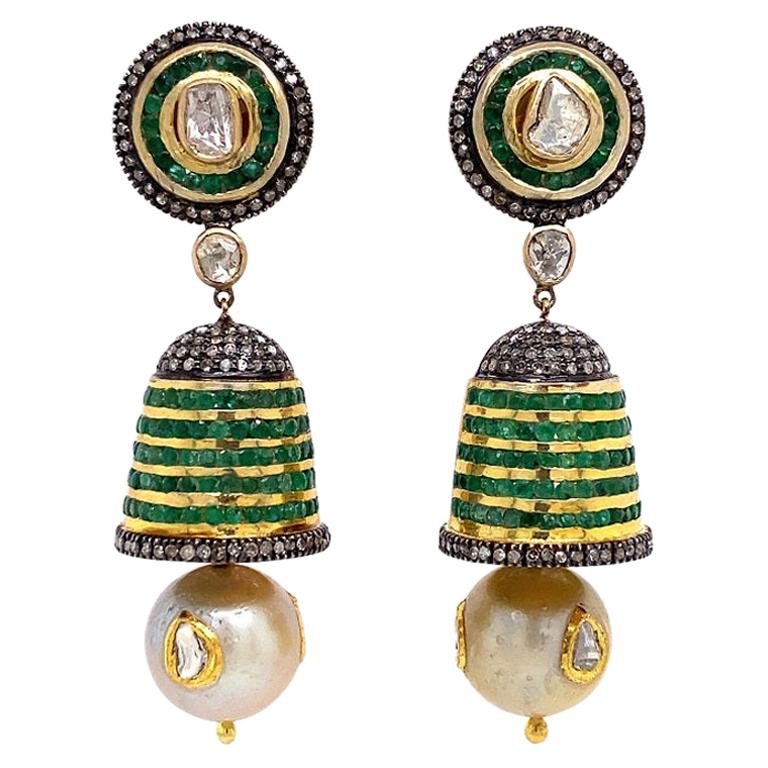 Lucea New York Emerald, Diamond, and Peal Bell Earrings For Sale