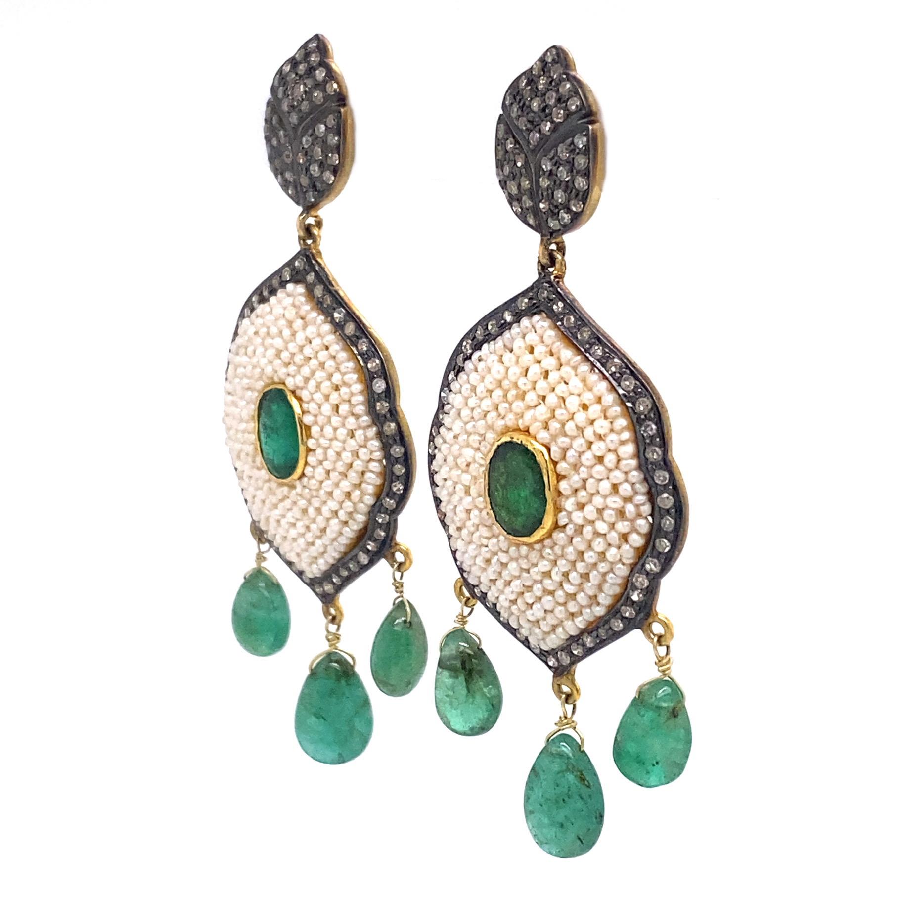 Rustic Collection 

Rustic Diamonds with Emeralds and Seed Pearl chandelier earrings set in sterling silver and 14K gold plating. 

Emeralds: 2.47ct total weight.
Diamonds: 1.62ct total weight.
