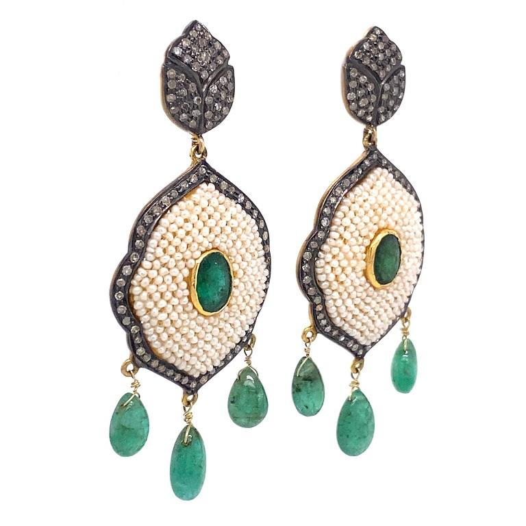Contemporary Lucea New York Emerald, Diamond, and Pearl Chandelier Earrings For Sale