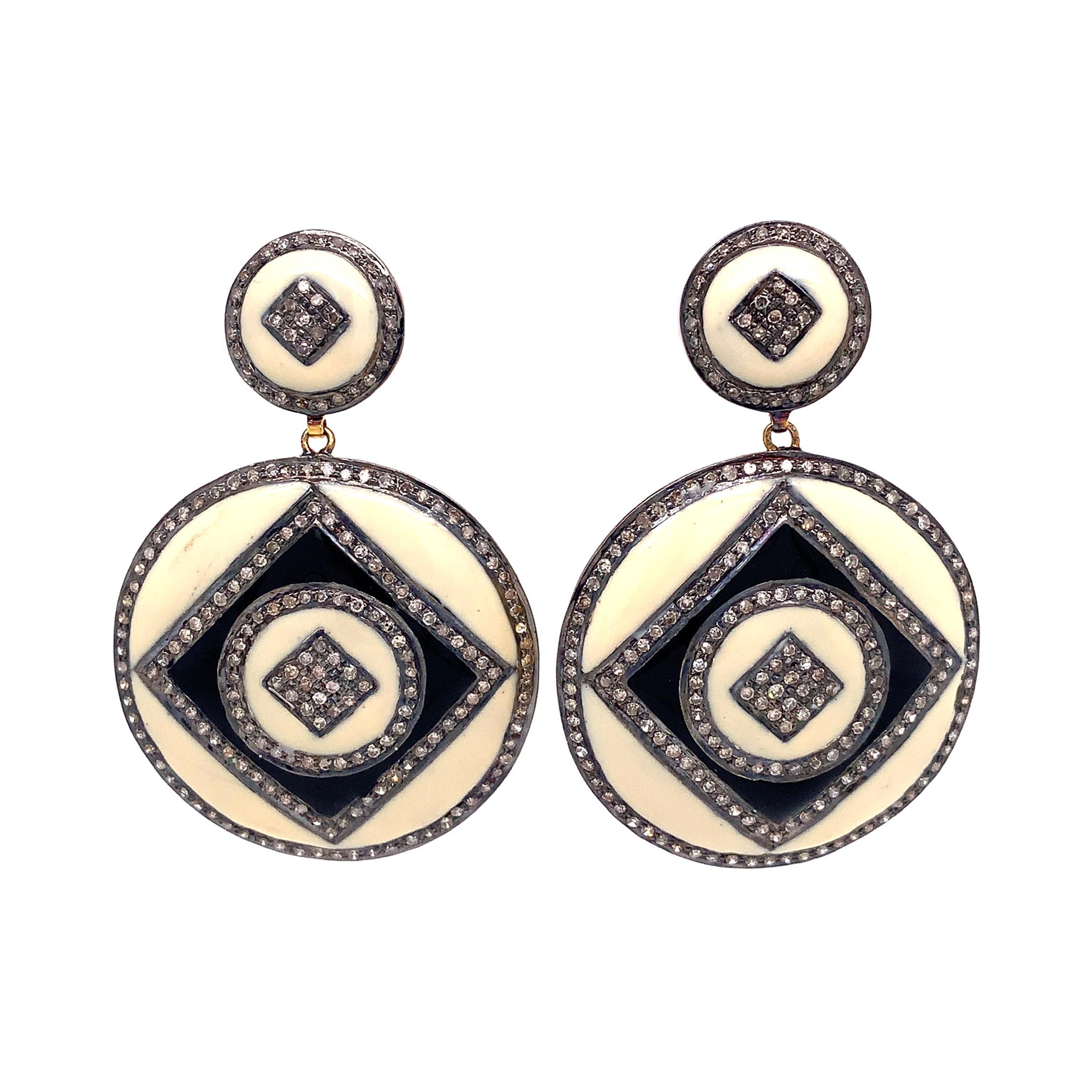 Lucea New York Enamel and Rustic Diamond Disc Earring For Sale