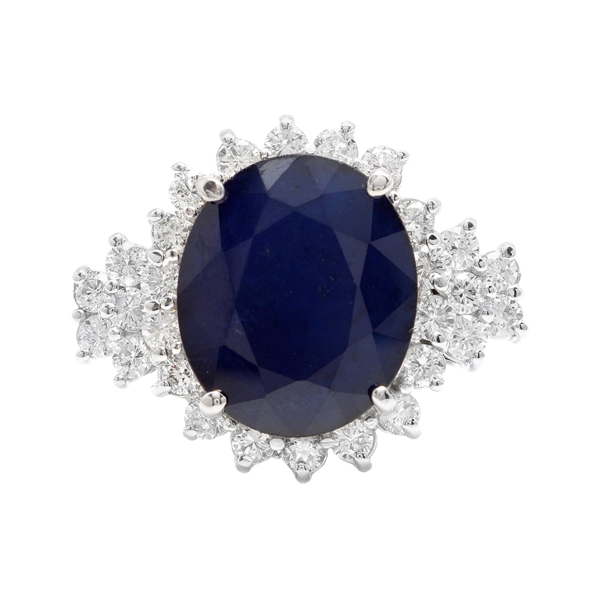 14 Karat massiver Weißgold-Ring mit 9,20 Karat natürlichem blauen Saphir und Diamant