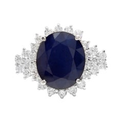 9.20 Carats Natural Blue Sapphire and Diamond 14K Solid White Gold Ring