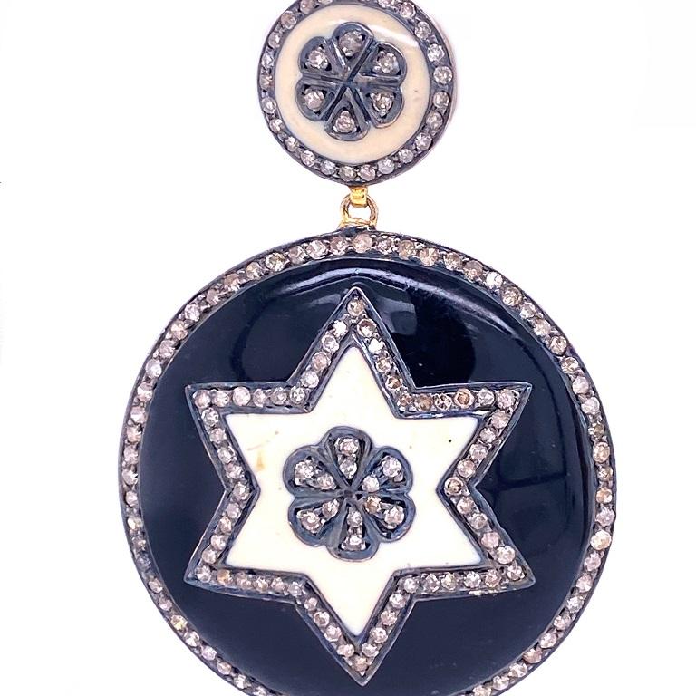 Round Cut Lucea New York Enamel and Rustic Diamond Star Disc Earrings For Sale