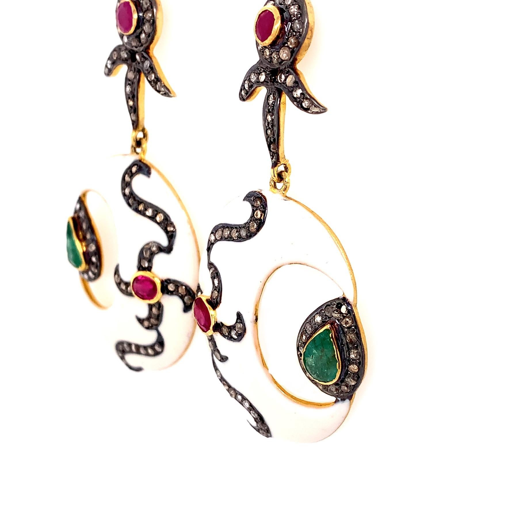 Contemporary Lucea New York Enamel, Rustic Diamond, Emerald and Ruby Crescent Dangle Earrings For Sale