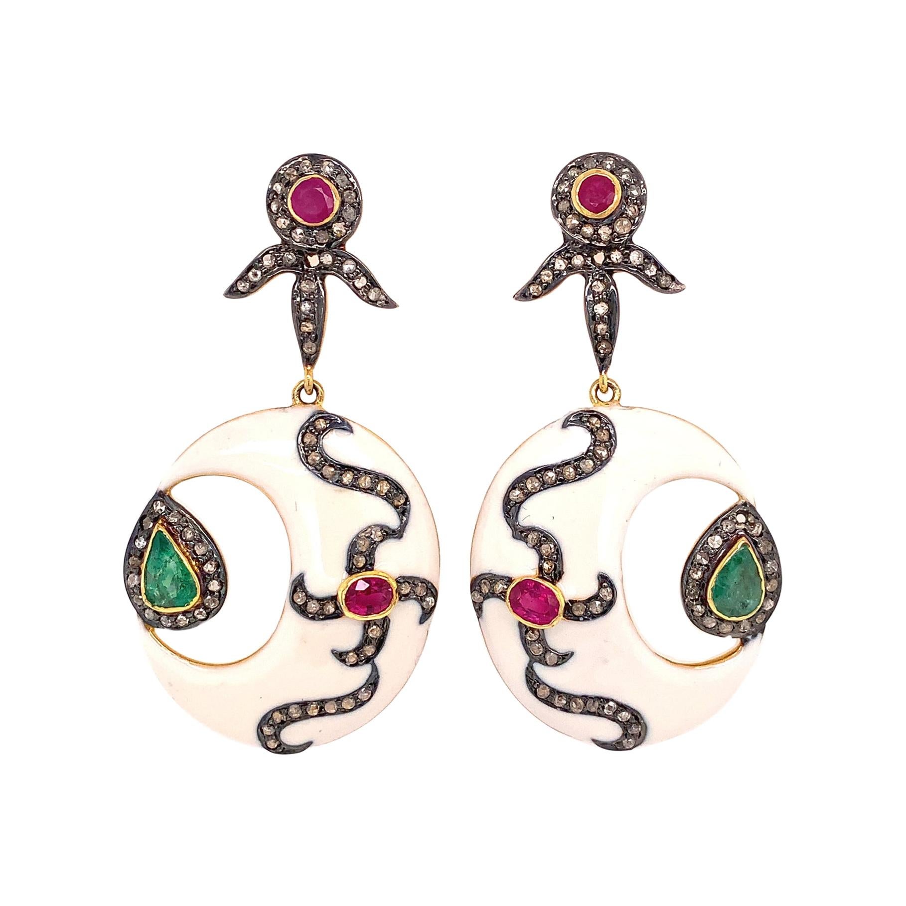 Lucea New York Enamel, Rustic Diamond, Emerald and Ruby Crescent Dangle Earrings For Sale