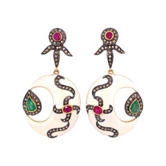 Lucea New York Enamel, Rustic Diamond, Emerald and Ruby Crescent Dangle Earrings