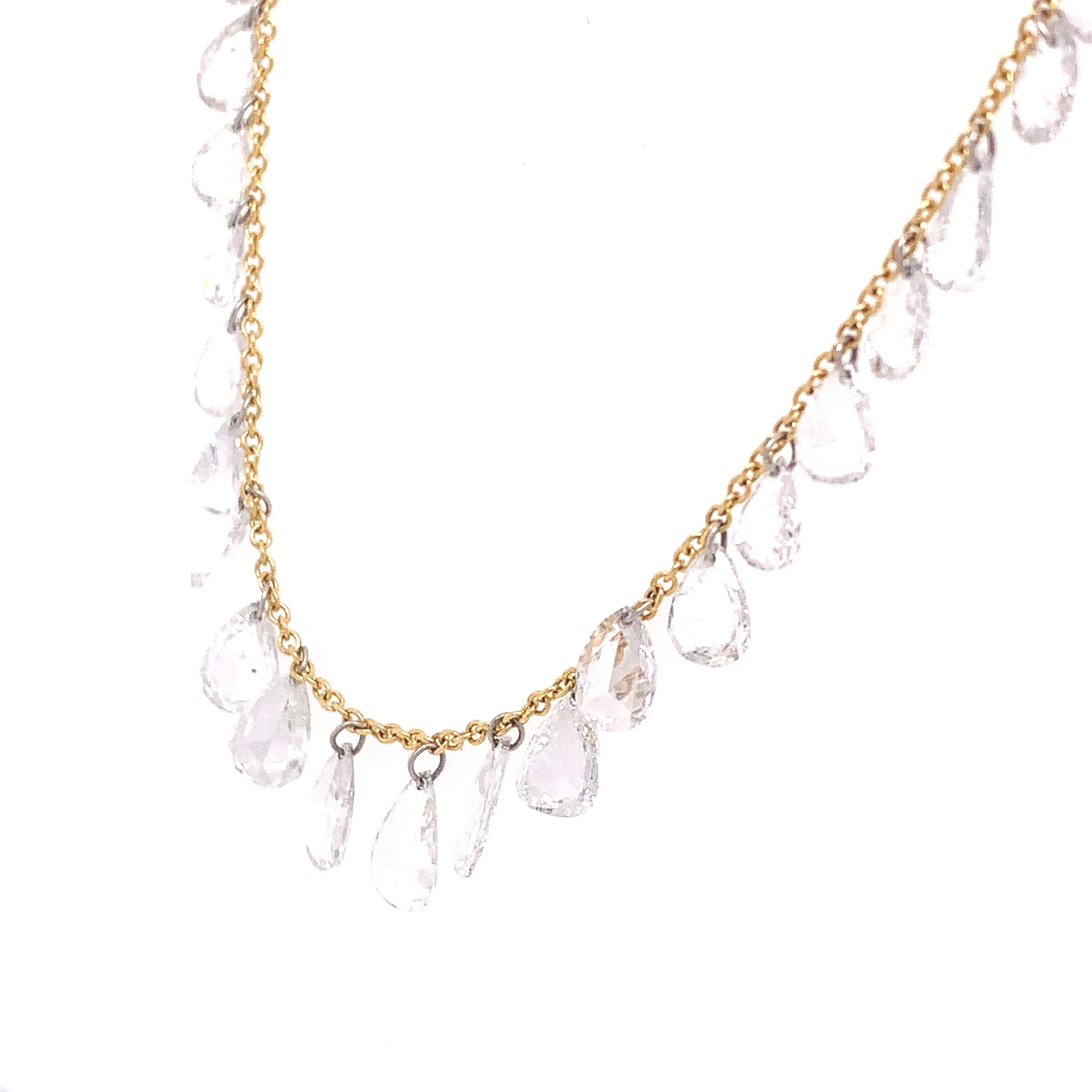 Dainty Collection

The everyday refinement of Yellow Gold gently sparkles with a fringe of 62 brilliant rose-cut Diamonds in this magnificent necklace
