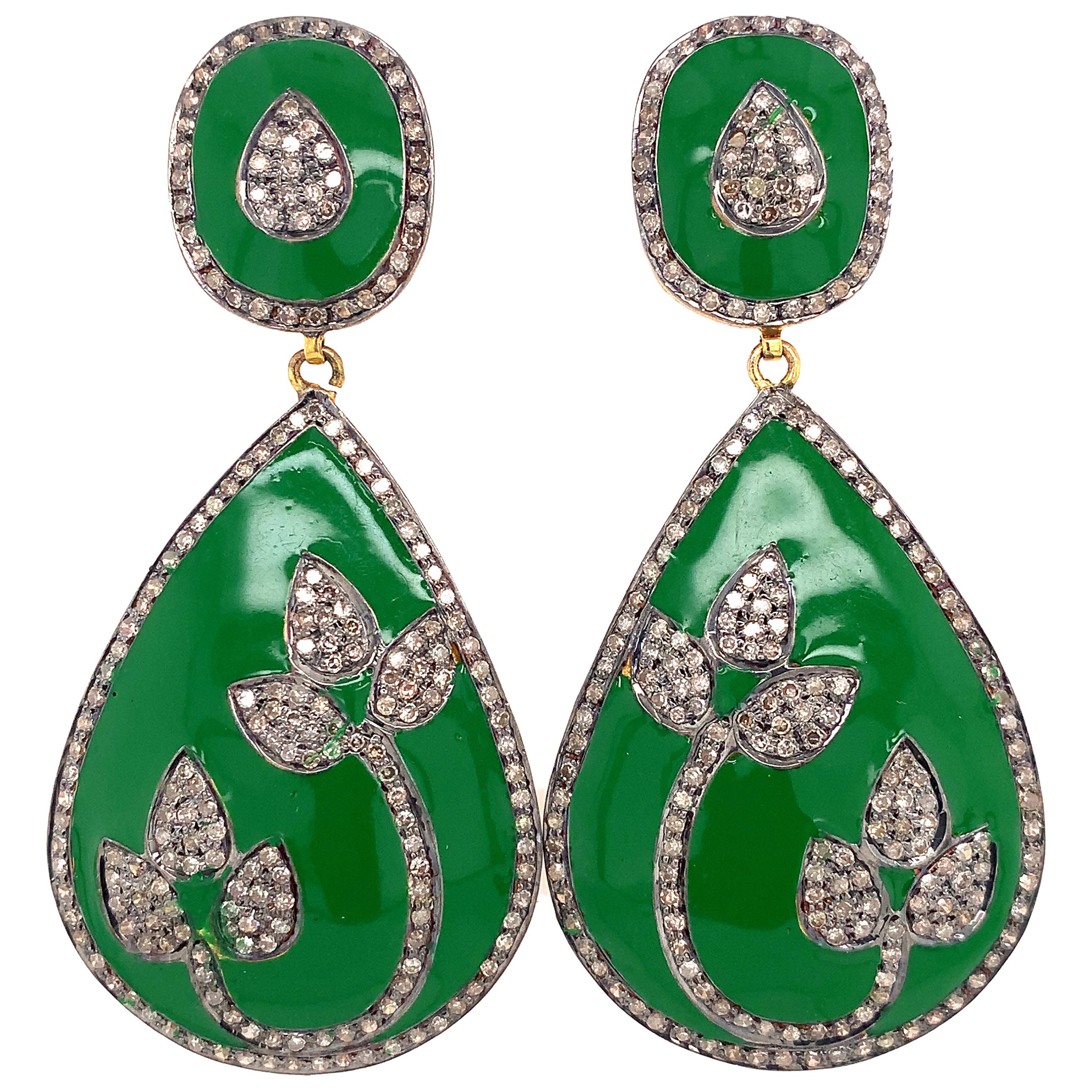 Lucea New York Green Enamel and Rustic Diamond Pear Dangle Earrings For Sale