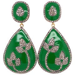 Lucea New York Green Enamel and Rustic Diamond Pear Dangle Earrings