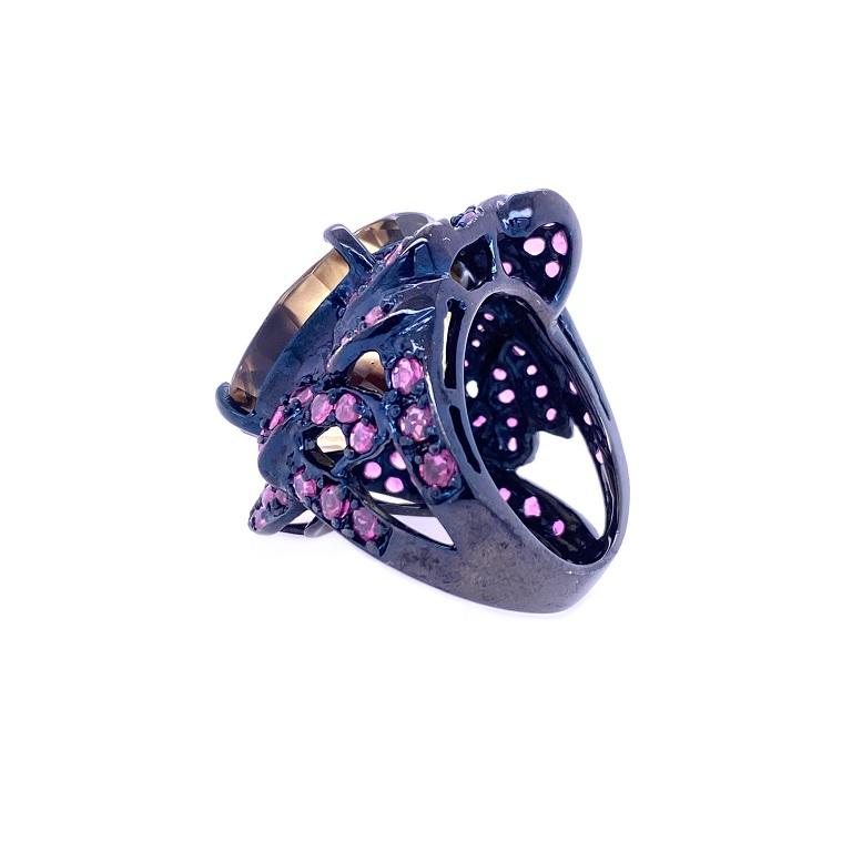 Contemporary Lucea New York Lemon Quartz and Ruby Cocktail Ring For Sale