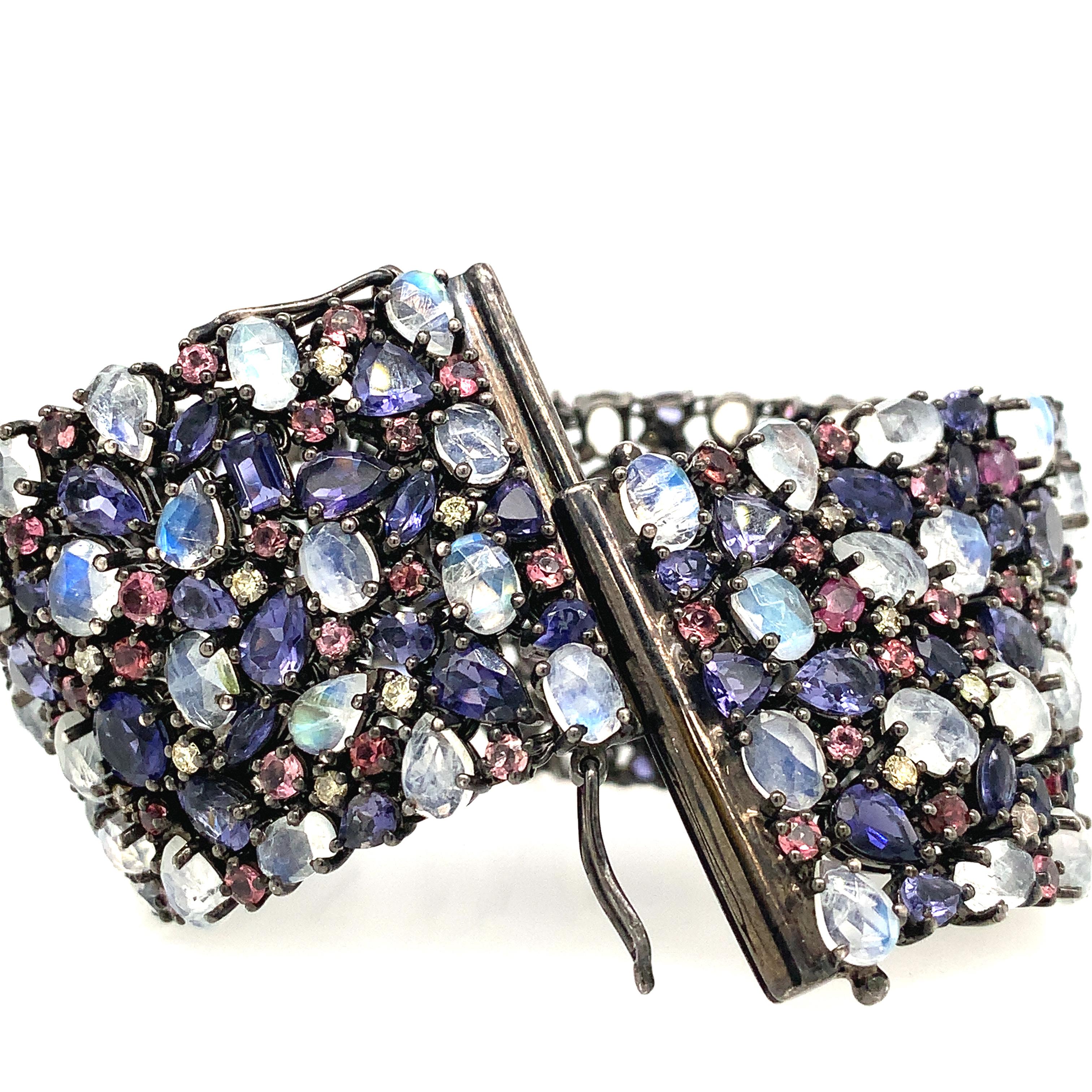 Contemporary Lucea New York Moonstone Iolite Rhodolite Diamond Sliver Bracelet For Sale