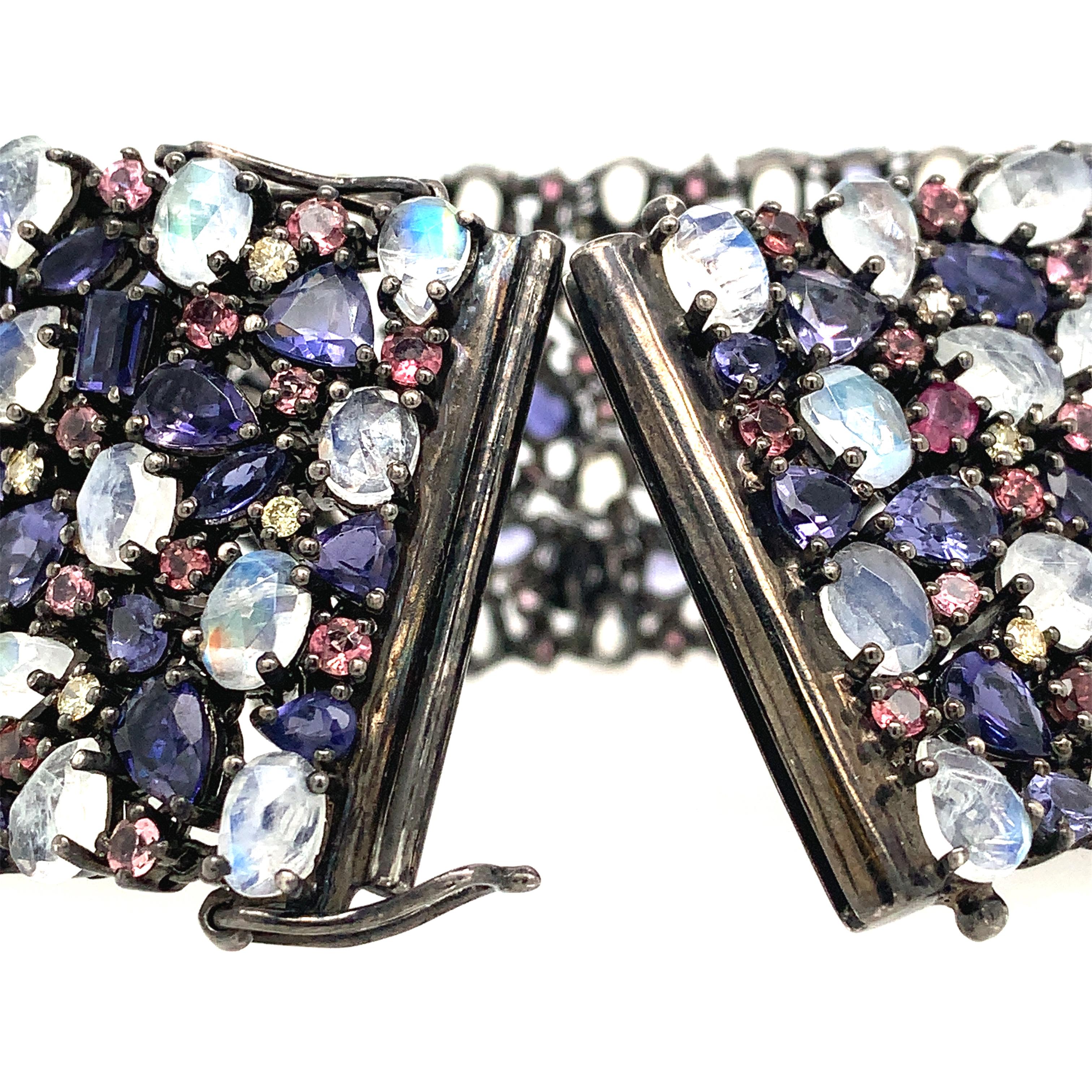 Mixed Cut Lucea New York Moonstone Iolite Rhodolite Diamond Sliver Bracelet For Sale