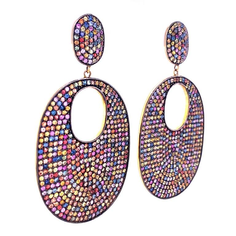 Contemporary Lucea New York Multicolored Sapphire Oval Disc Earrings For Sale