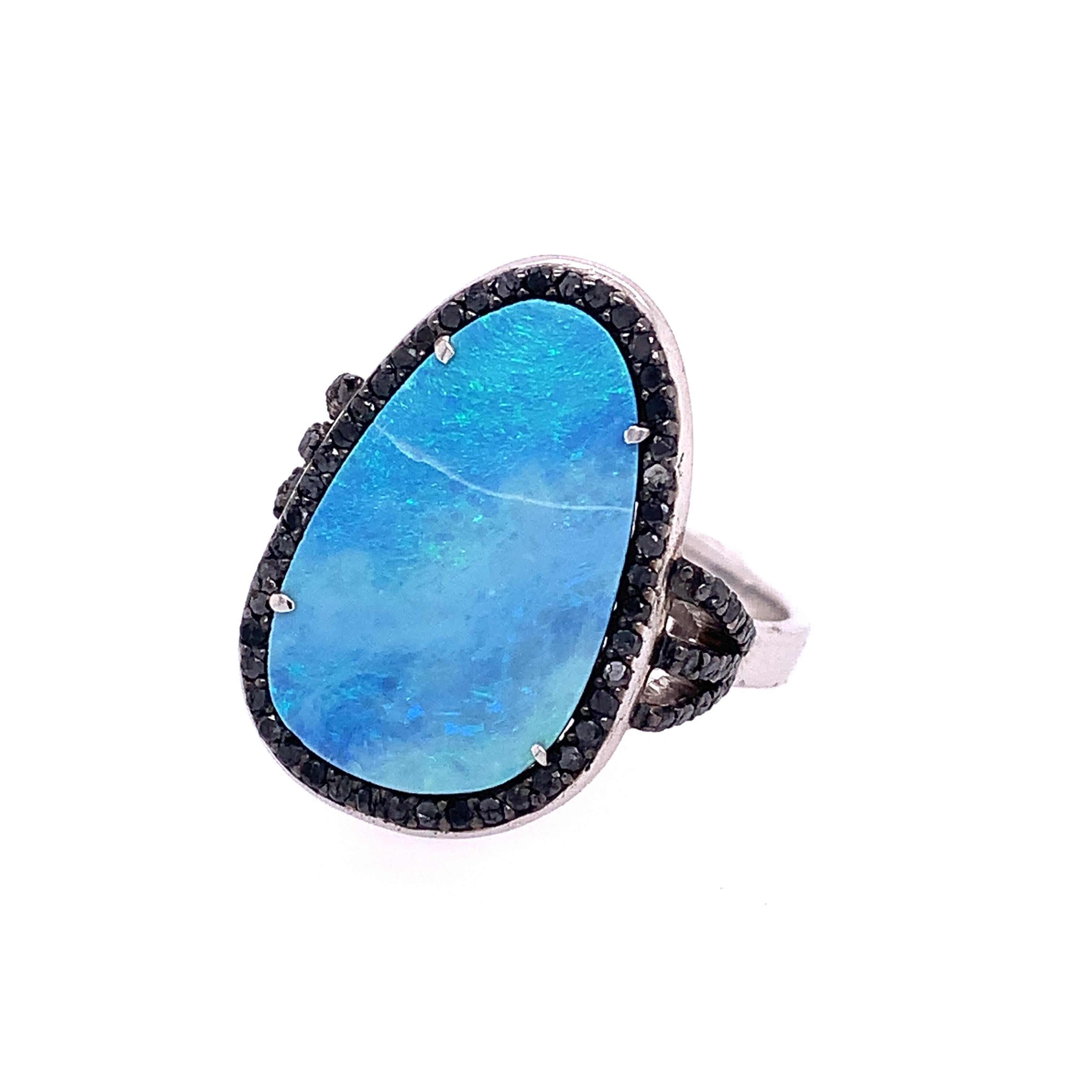 Life in color Collection

Australian Blue Opal accented by black Diamonds Cocktail ring set in Sterling Silver.

Opal: 4.84ct total weight.
Black Diamond: 0.58ct total weight.