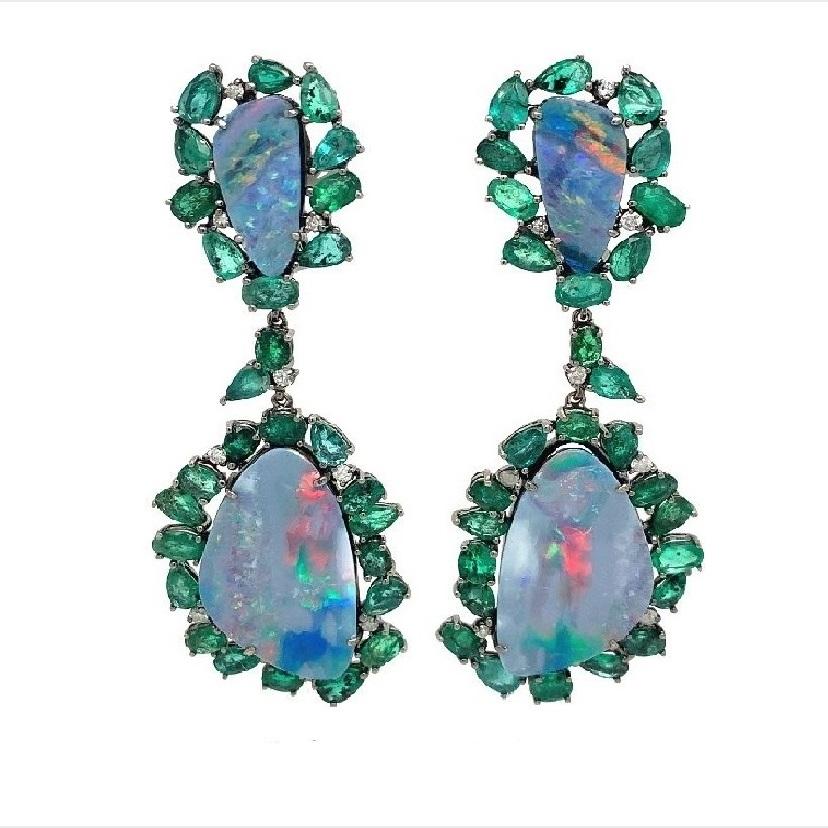 Mixed Cut Lucea New York Opal and Emerald Earrings For Sale