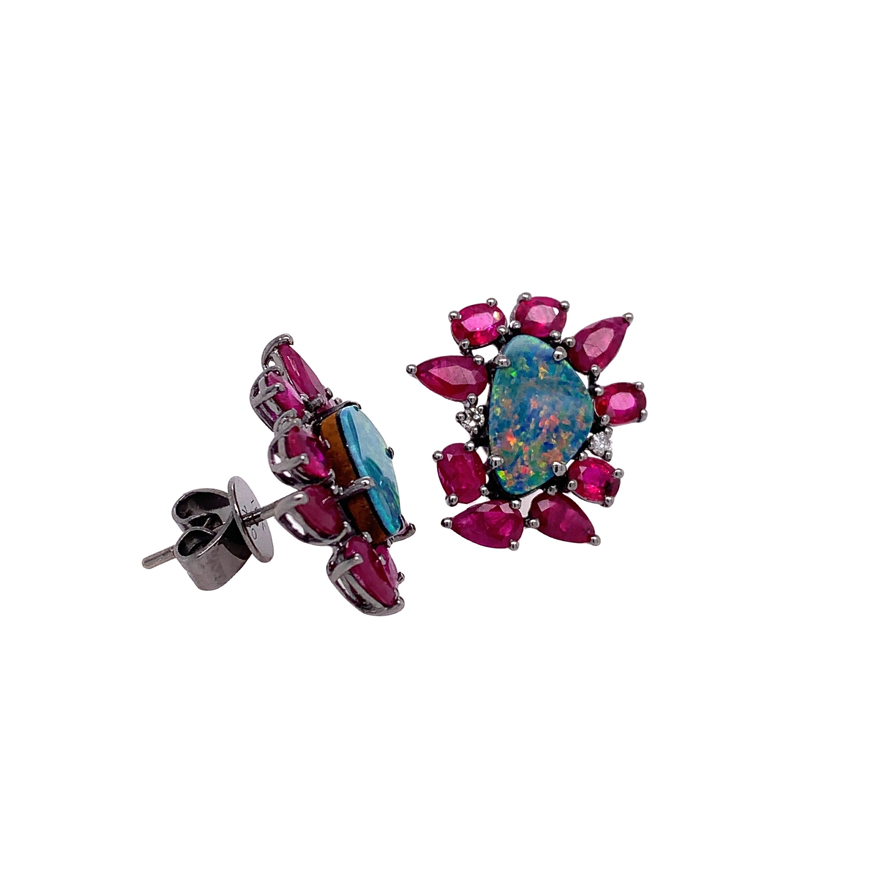 Mixed Cut Lucea New York Opal and Ruby Earrings For Sale