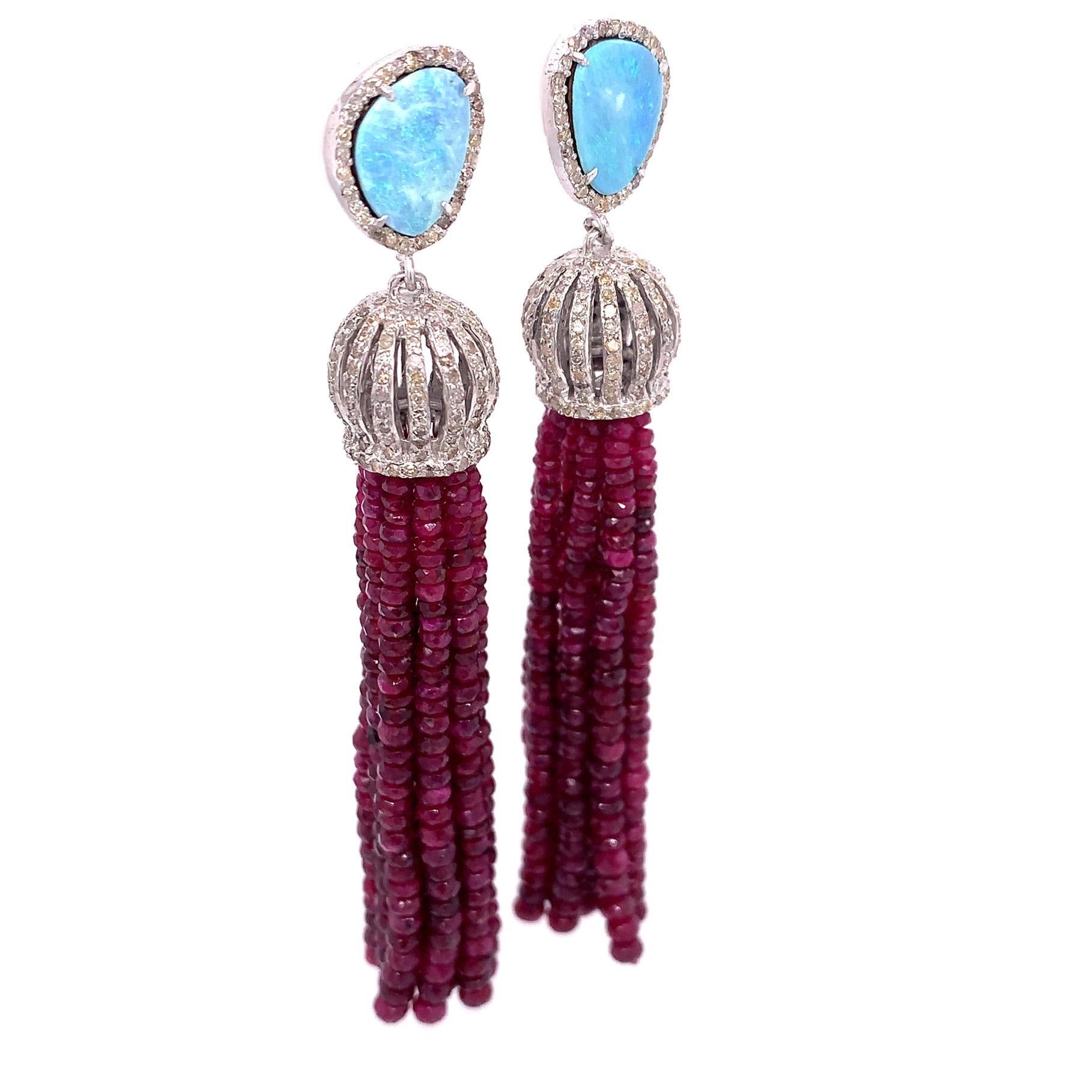 Contemporary Lucea New York Opal, Diamond and Ruby Tassel Earrings For Sale