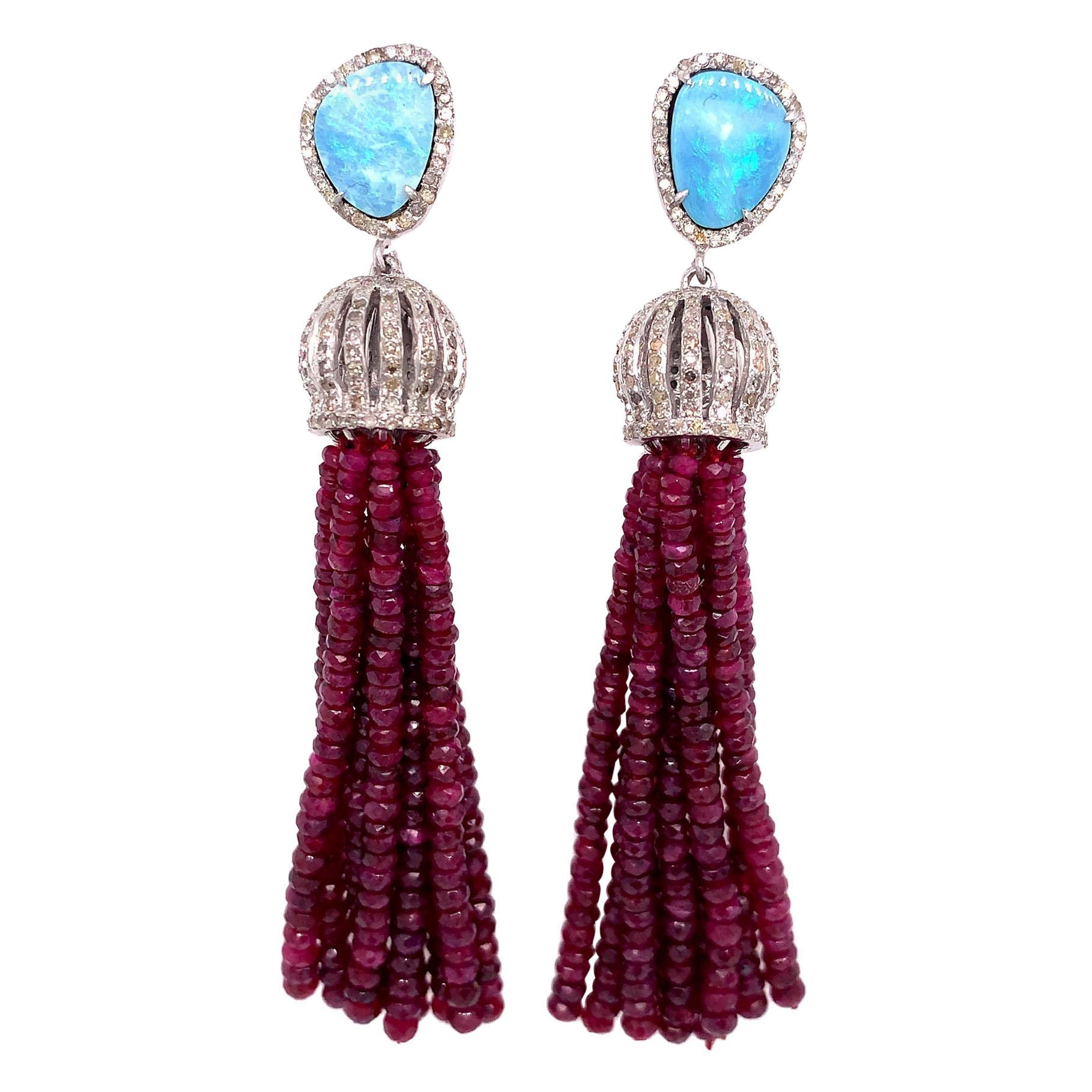 Lucea New York Opal, Diamond and Ruby Tassel Earrings For Sale