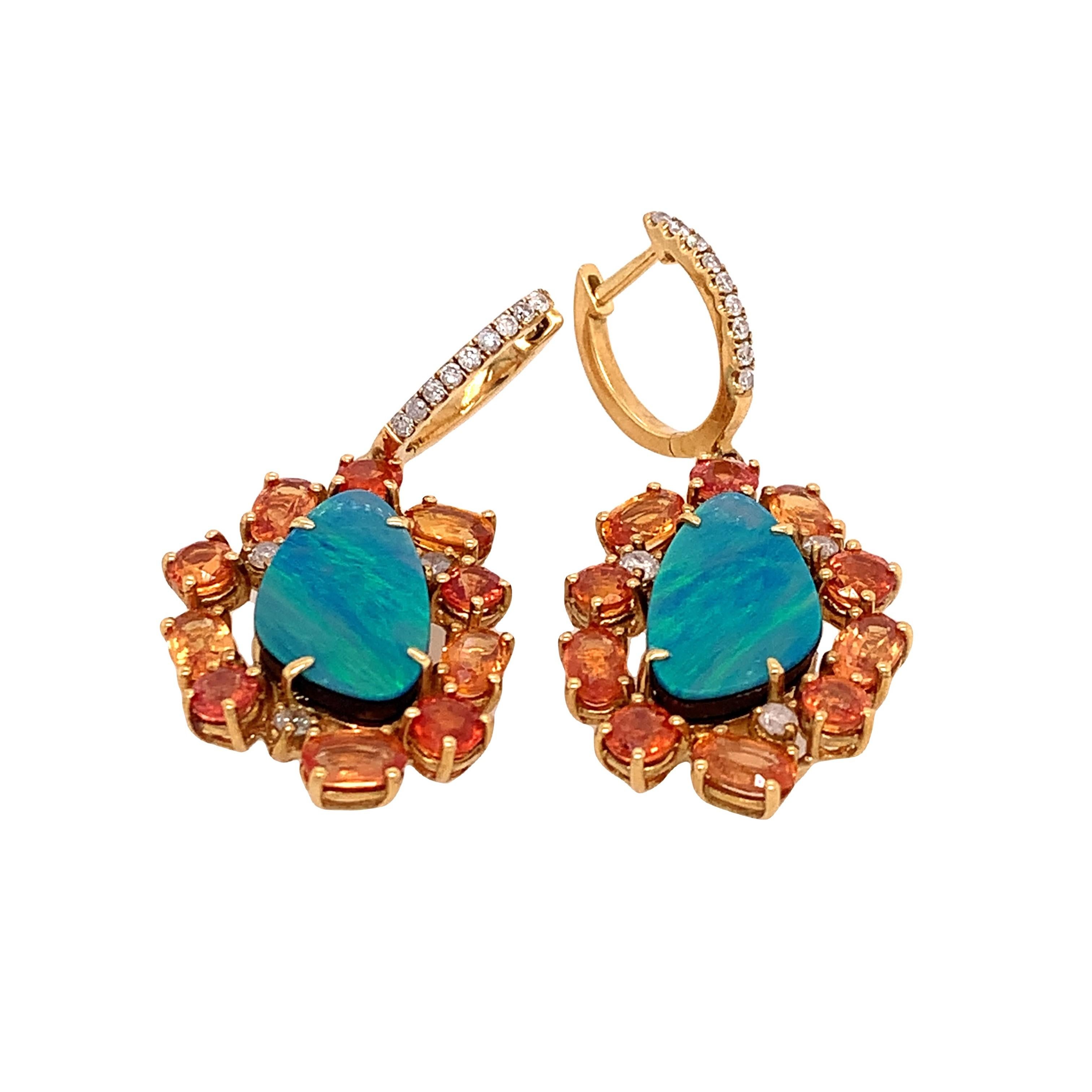 Lillipad Collection

You can see perfect color scheme of Blue Opal, Orange Sapphires and diamonds in this earrings. This Dangle earrings set in 18k yellow gold and perfect match for summer. 

Opal: 4.93ct total weight
Orange Sapphire: 5.23ct total