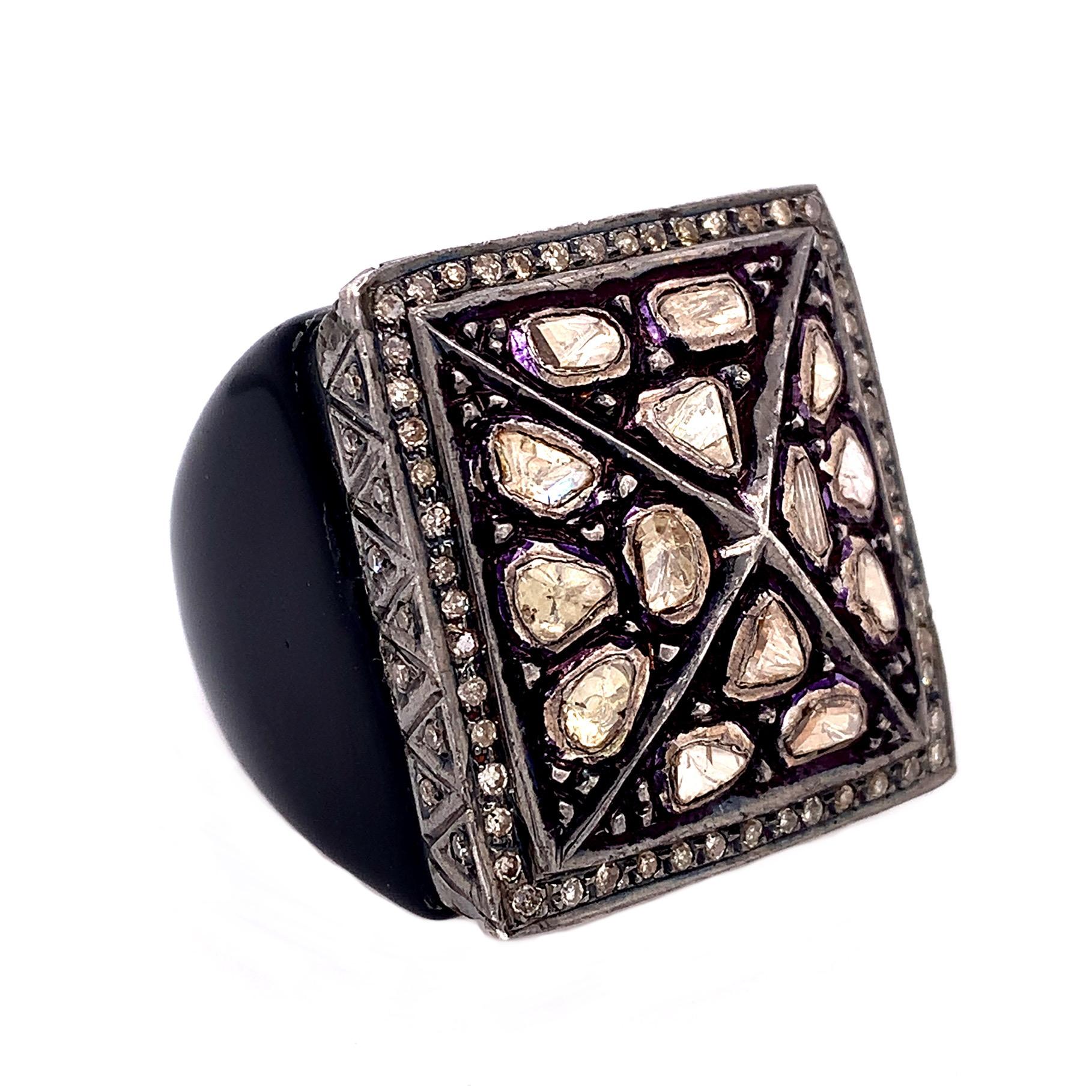 Rustic Collection

This chunky style Polki Diamond with Black Agate fashion ring set in Sterling Silver.

Diamond: 1.55ct total weight.
Black Agate: 93.25ct total weight.

