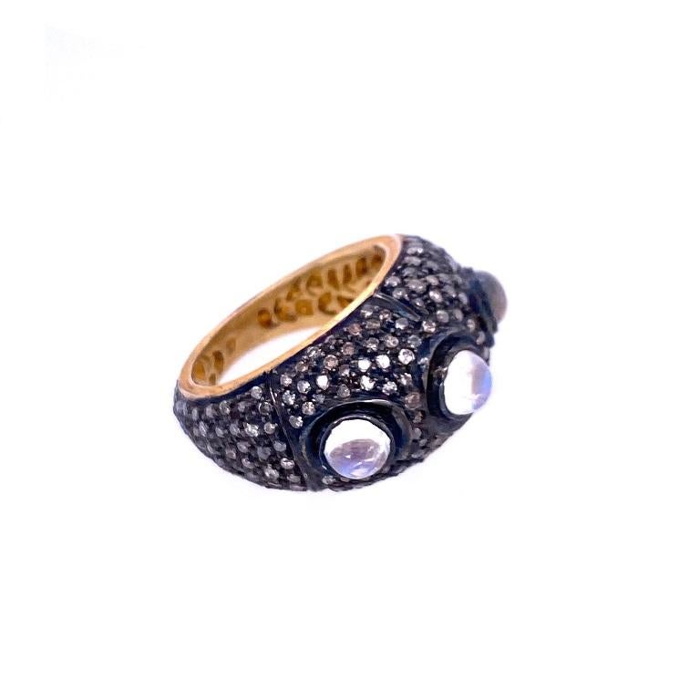 Contemporary Lucea New York Rainbow Moonstone and Rustic Diamond Cocktail Ring For Sale