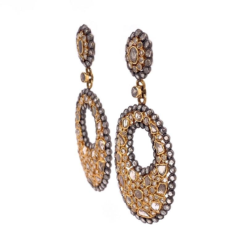 Slice of Life Collection 

Rustic chic brown rose cut Diamonds and Diamond slice drop earrings set in solid 18K two tone gold. 

Diamonds: 3.77ct total weight.