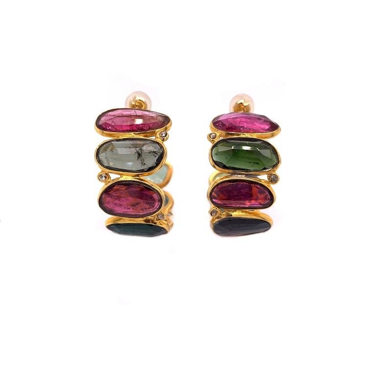 Contemporary Lucea New York Rose Cut Tourmaline and Diamond Hoop Earrings For Sale