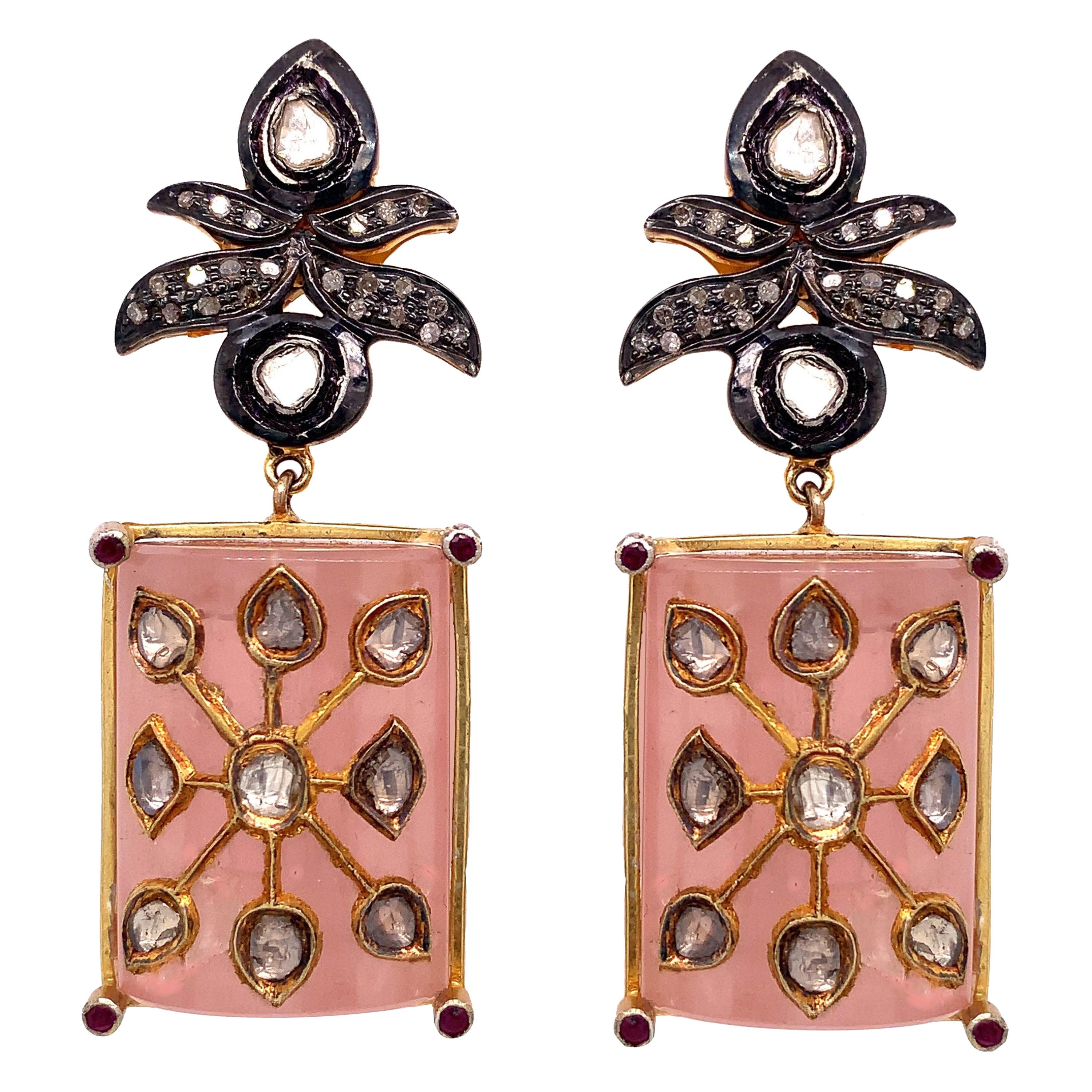 Lucea New York Rose Quartz, Icy Diamond and Ruby Earrings