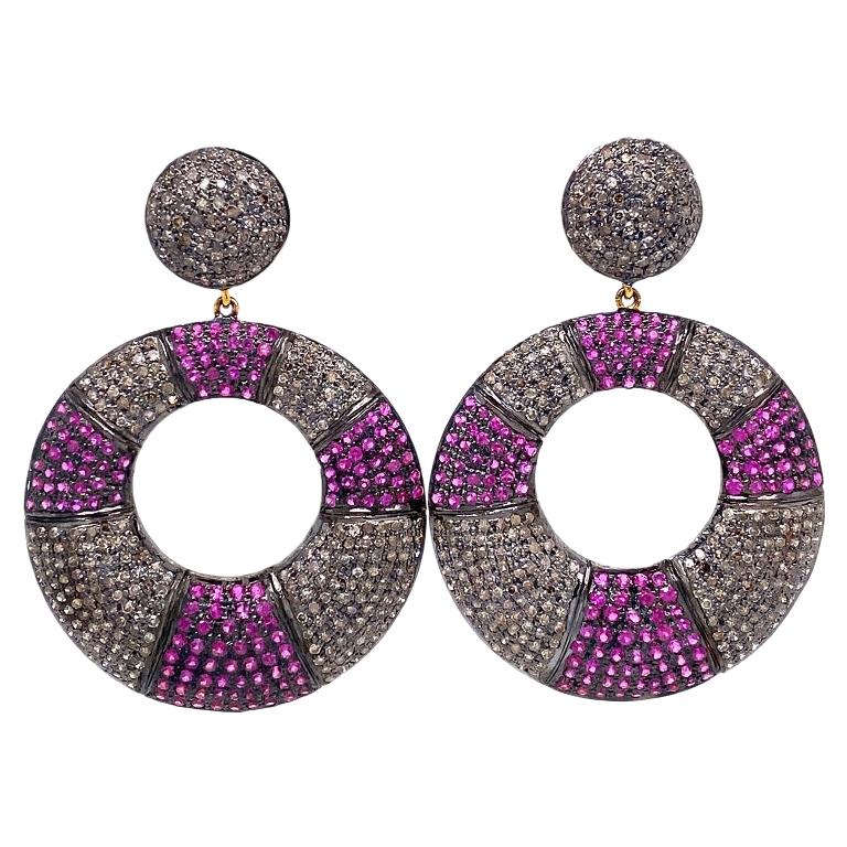 Lucea New York Ruby and Diamond Circle Drop Earrings For Sale