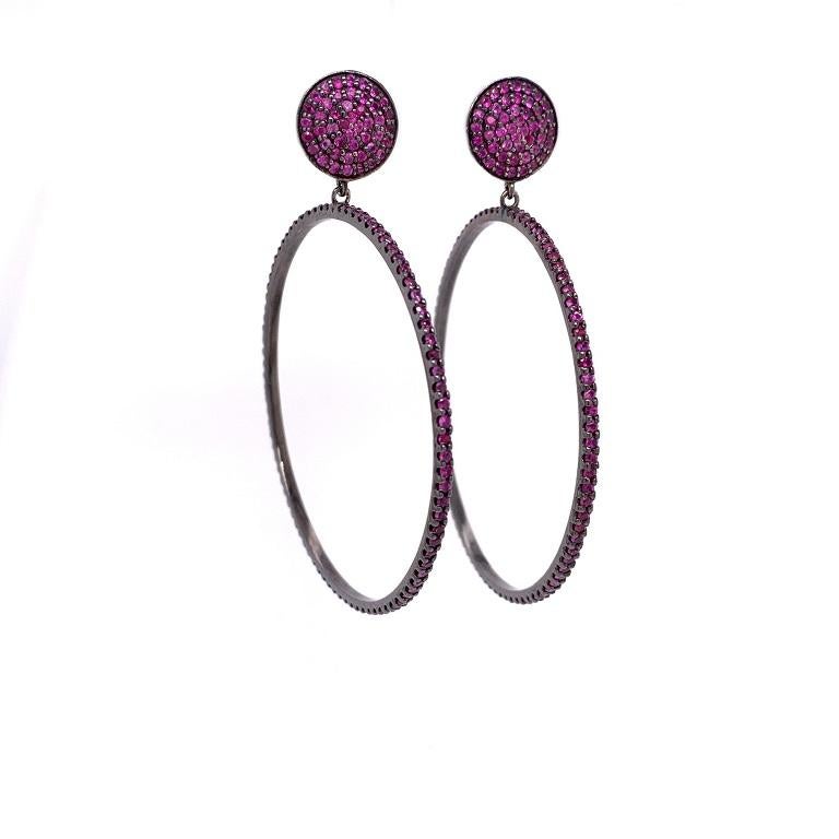 Red Rose Collection 

Ruby hoop earrings with disc studs set in blackened sterling silver. 

