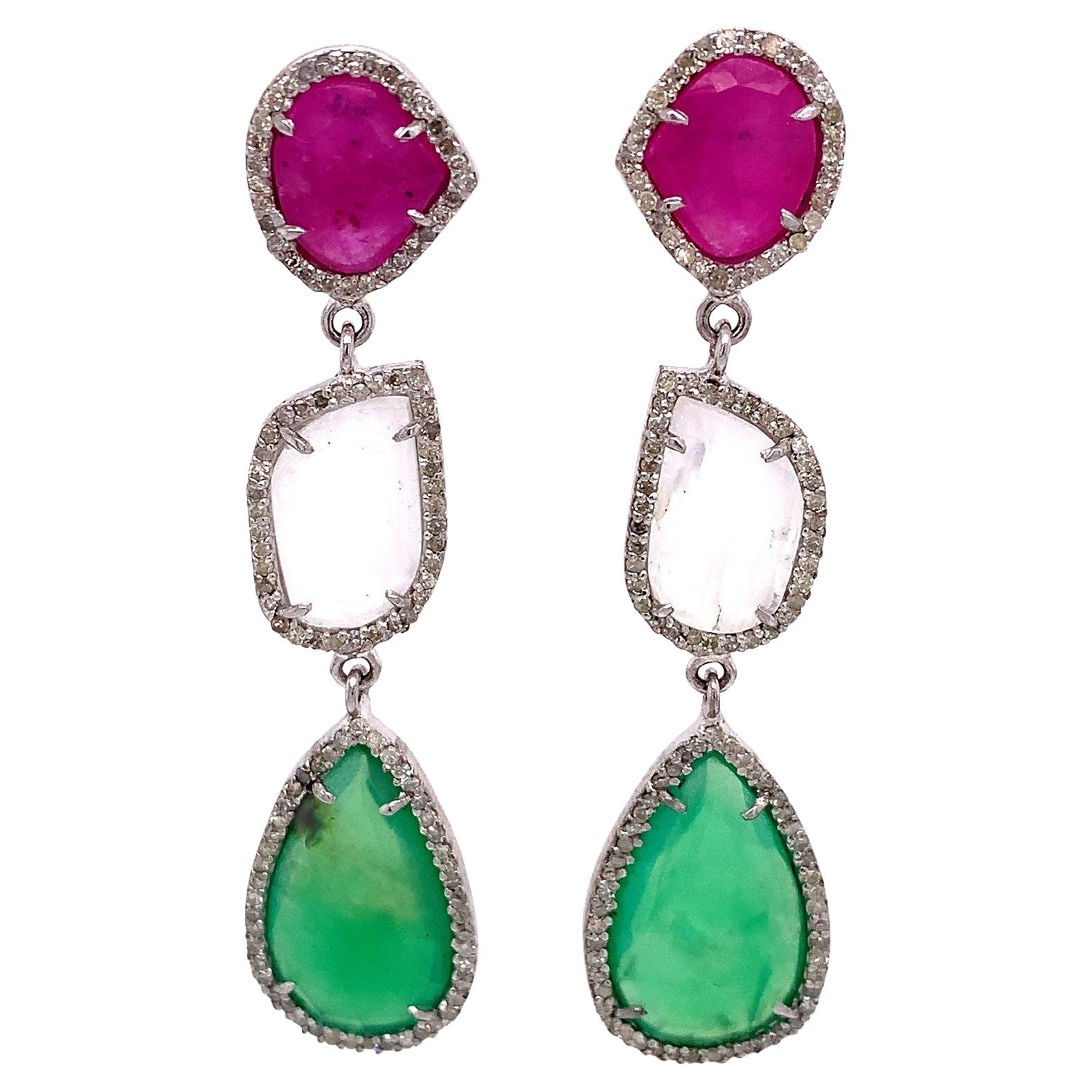 Lucea New York Ruby, Moonstone and Emerald Earrings For Sale